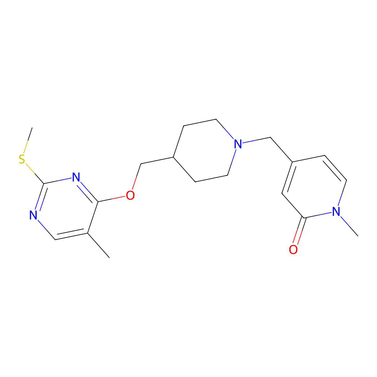 1-Methyl-4-{[4-({[5-methyl-2-(methylsulfanyl)pyrimidin-4-yl]oxy}methyl)piperidin-1-yl]methyl}-1,2-dihydropyridin-2-one molecular structure, CAS 2640895-29-8