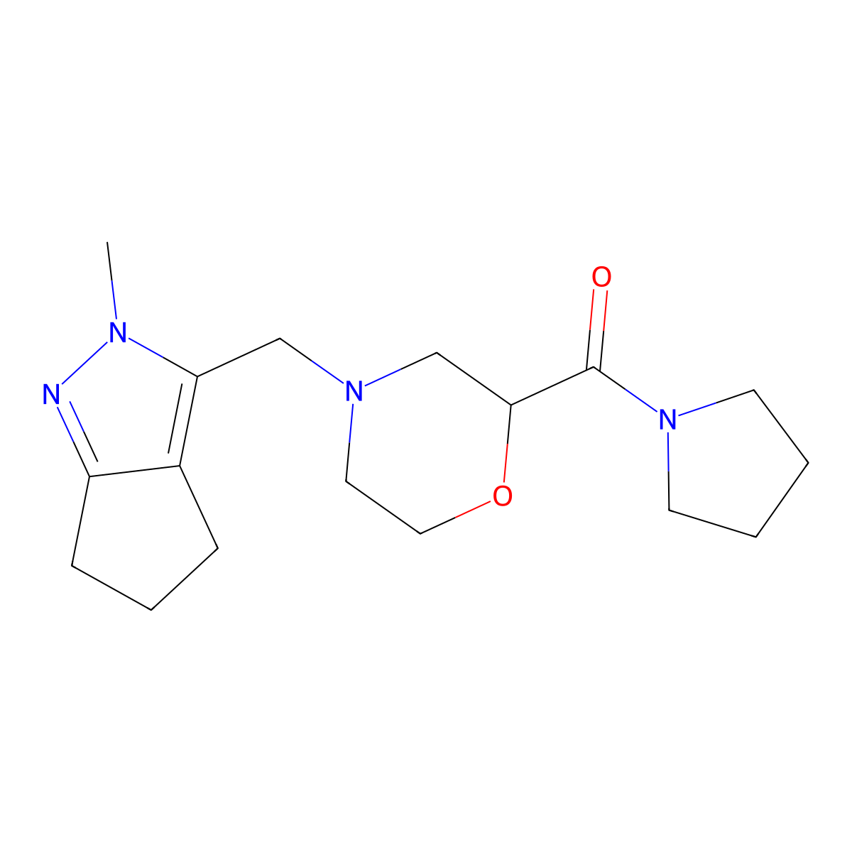 4-({2-methyl-2H,4H,5H,6H-cyclopenta[c]pyrazol-3-yl}methyl)-2-(pyrrolidine-1-carbonyl)morpholine molecular structure, CAS 2640895-31-2