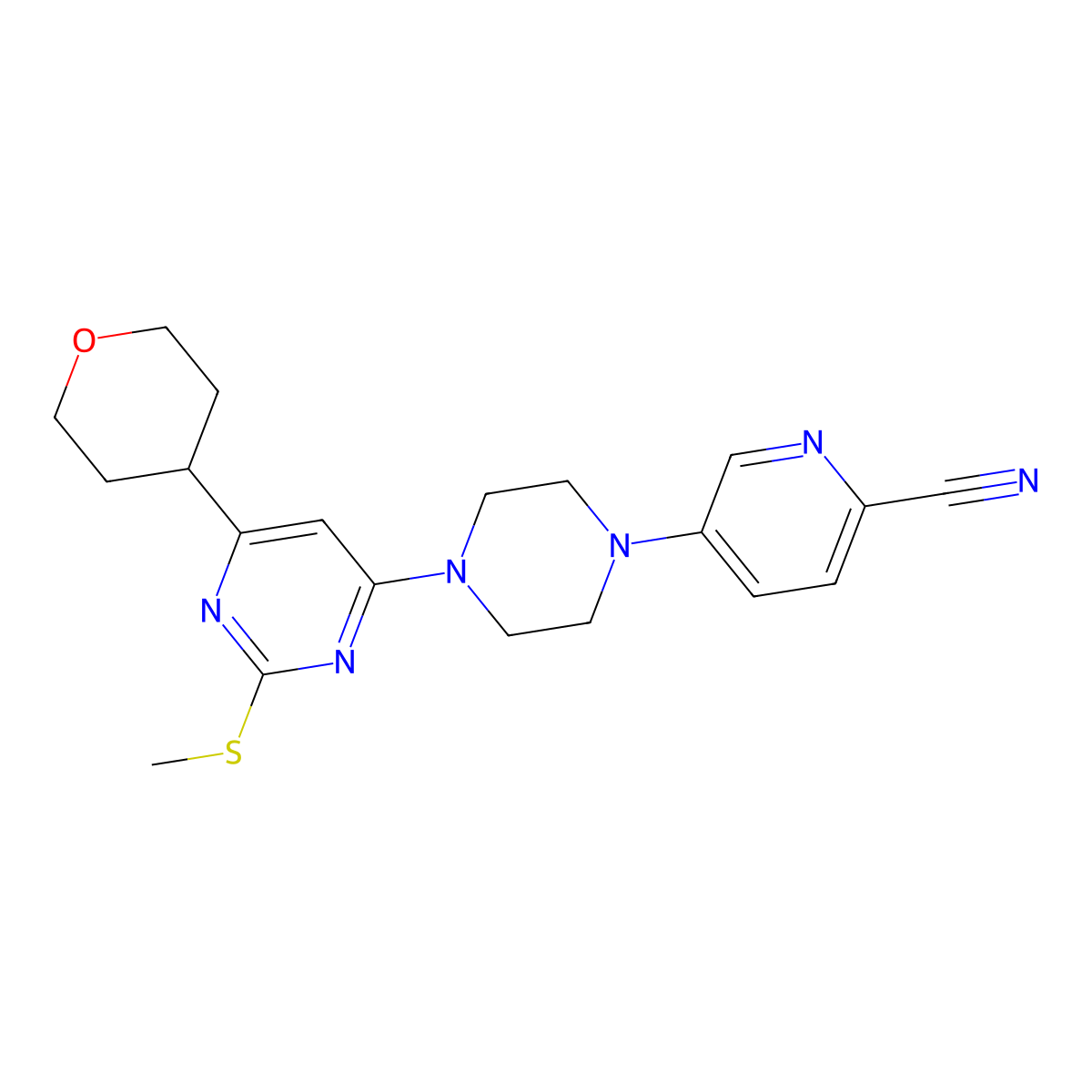 5-{4-[2-(Methylsulfanyl)-6-(oxan-4-yl)pyrimidin-4-yl]piperazin-1-yl}pyridine-2-carbonitrile molecular structure, CAS 2640895-36-7