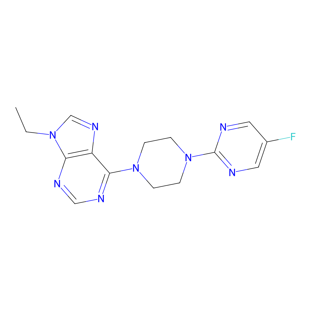 9-ethyl-6-[4-(5-fluoropyrimidin-2-yl)piperazin-1-yl]-9H-purine molecular structure, CAS 2640895-37-8