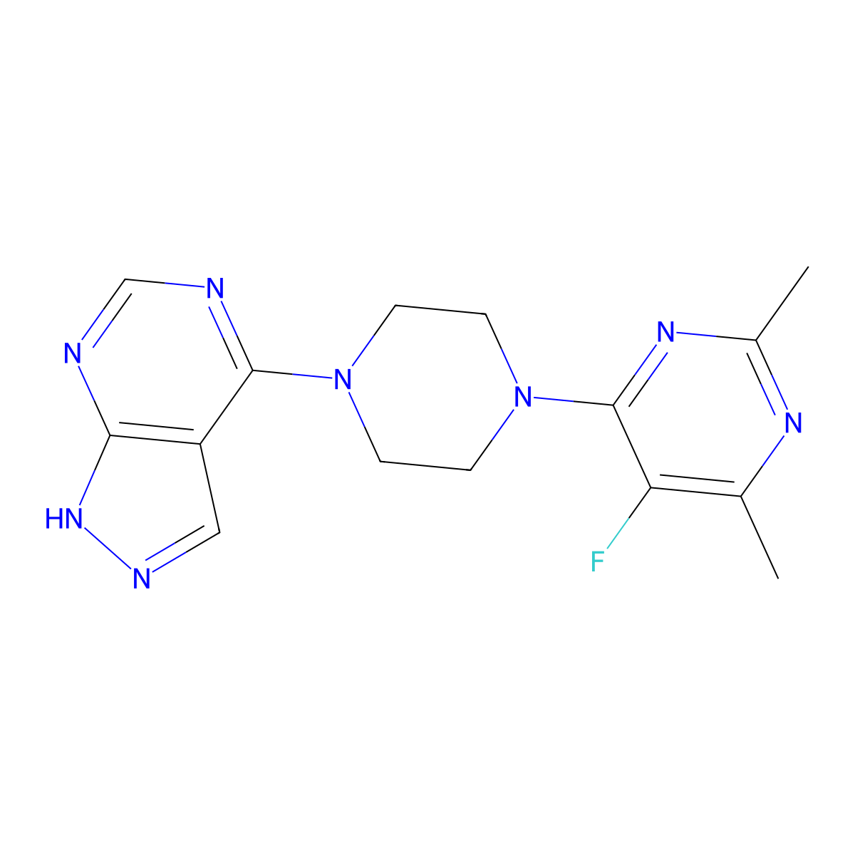 5-fluoro-2,4-dimethyl-6-(4-{1H-pyrazolo[3,4-d]pyrimidin-4-yl}piperazin-1-yl)pyrimidine molecular structure, CAS 2640895-39-0
