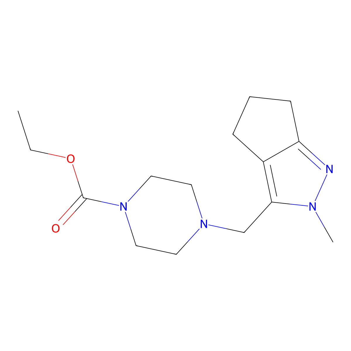 ethyl 4-({2-methyl-2H,4H,5H,6H-cyclopenta[c]pyrazol-3-yl}methyl)piperazine-1-carboxylate molecular structure, CAS 2640895-41-4