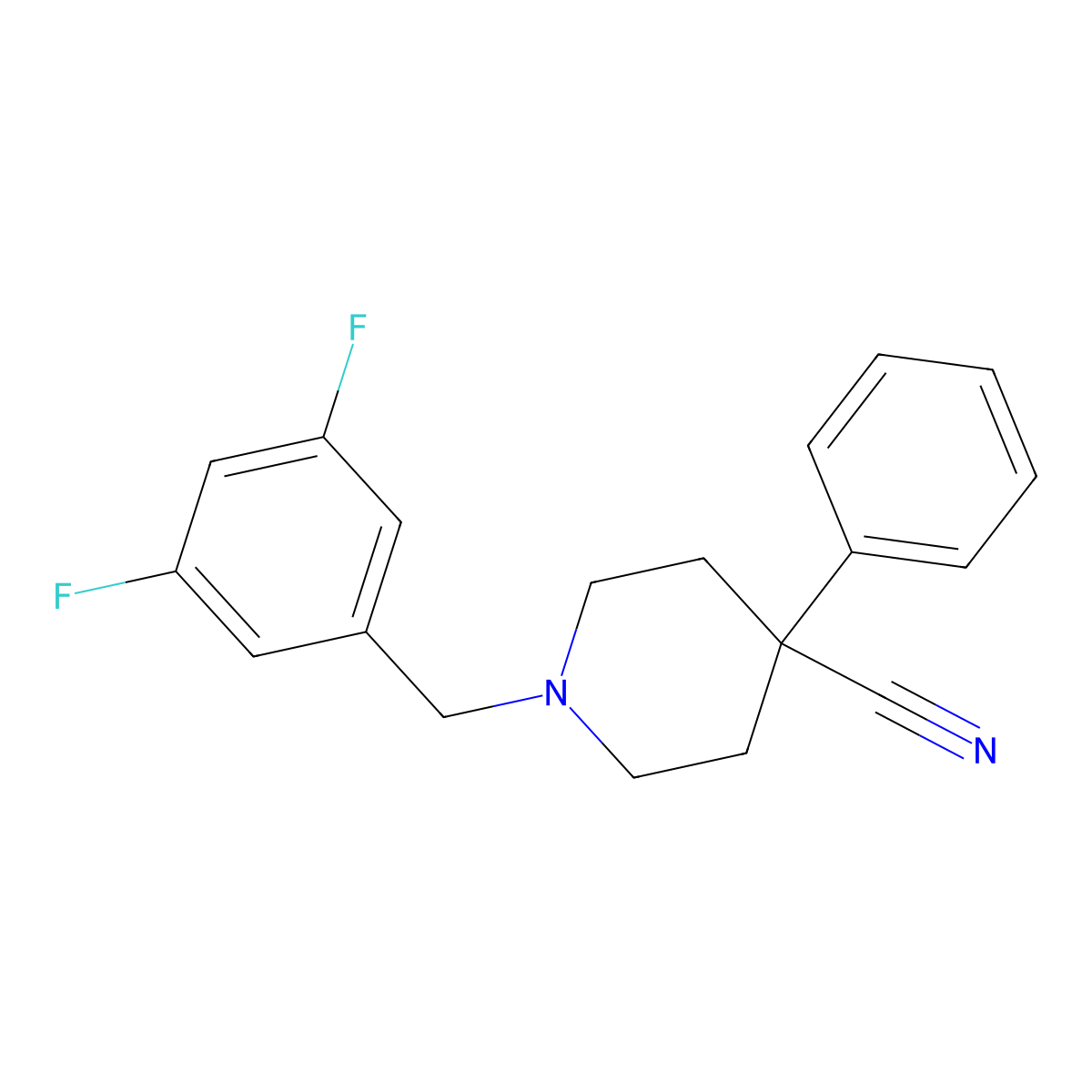1-[(3,5-Difluorophenyl)methyl]-4-phenylpiperidine-4-carbonitrile molecular structure, CAS 2640895-42-5