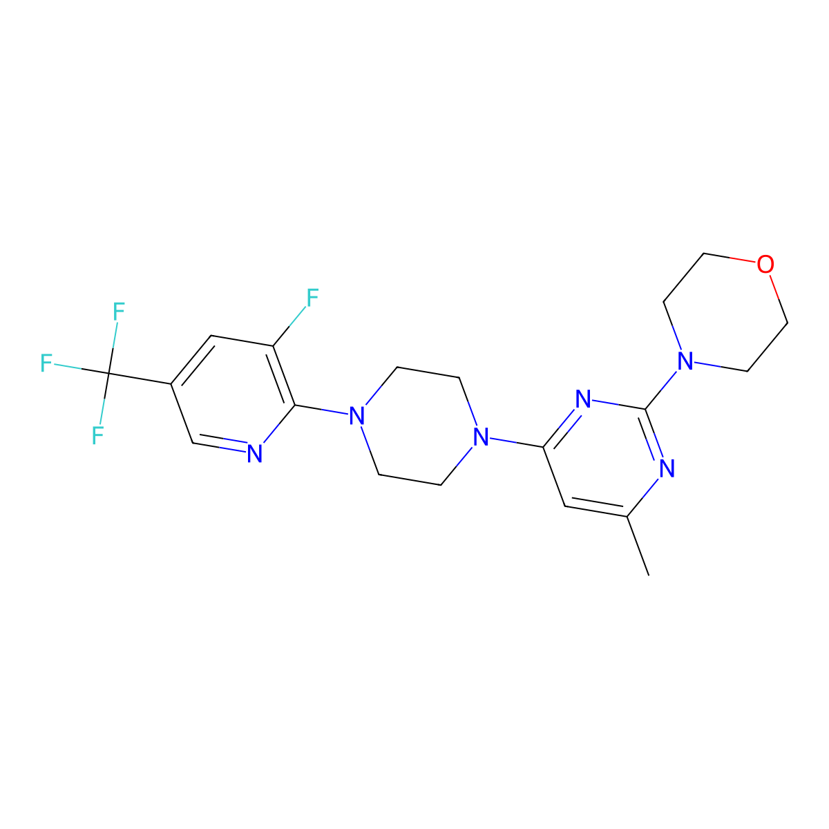 4-(4-{4-[3-Fluoro-5-(trifluoromethyl)pyridin-2-yl]piperazin-1-yl}-6-methylpyrimidin-2-yl)morpholine molecular structure, CAS 2640895-43-6