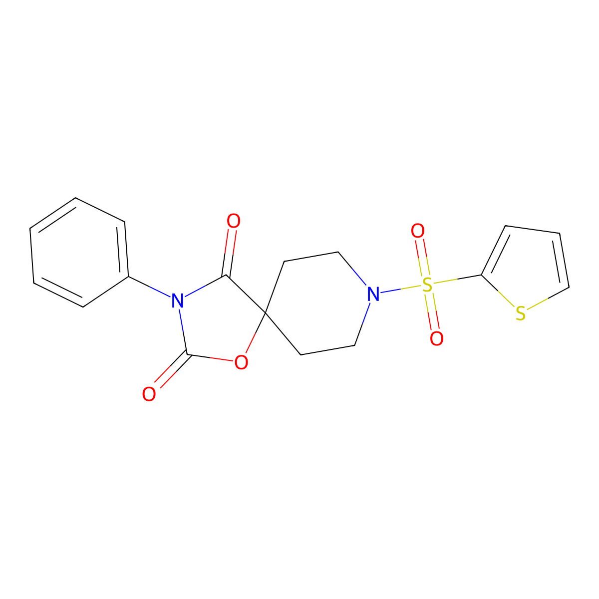 3-Phenyl-8-(thiophene-2-sulfonyl)-1-oxa-3,8-diazaspiro[4.5]decane-2,4-dione molecular structure, CAS 2640895-51-6
