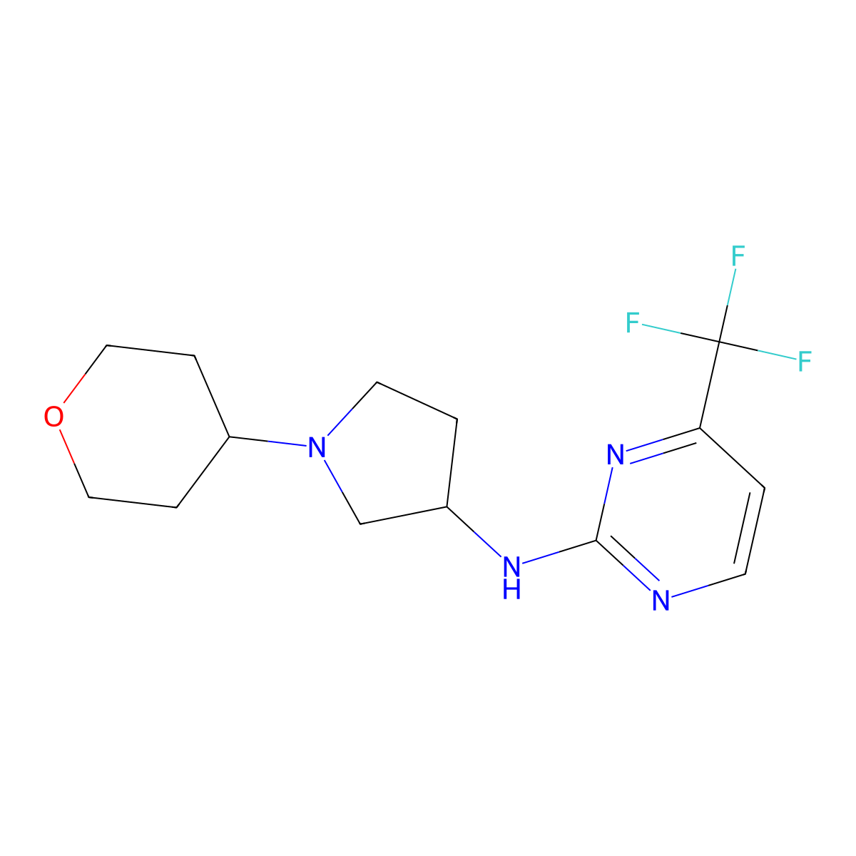 N-[1-(oxan-4-yl)pyrrolidin-3-yl]-4-(trifluoromethyl)pyrimidin-2-amine molecular structure, CAS 2640895-55-0