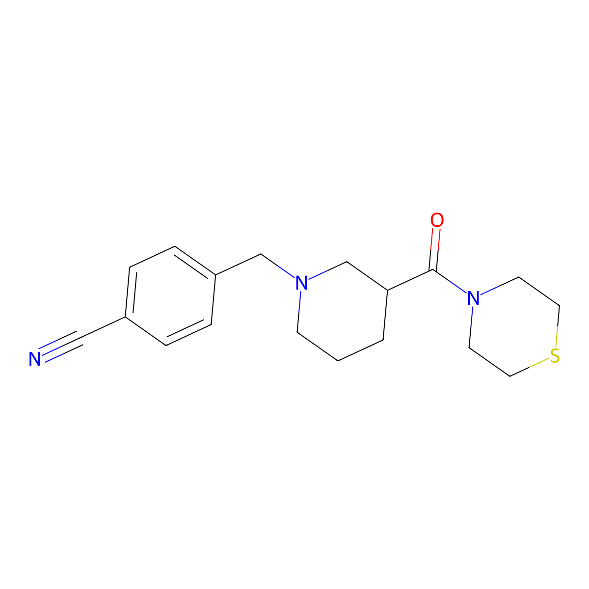 4-{[3-(Thiomorpholine-4-carbonyl)piperidin-1-yl]methyl}benzonitrile molecular structure, CAS 2640895-65-2