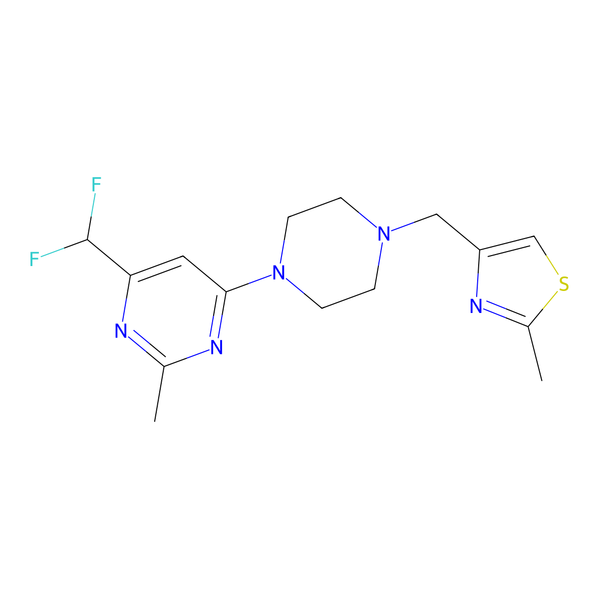 4-(Difluoromethyl)-2-methyl-6-{4-[(2-methyl-1,3-thiazol-4-yl)methyl]piperazin-1-yl}pyrimidine molecular structure, CAS 2640895-68-5