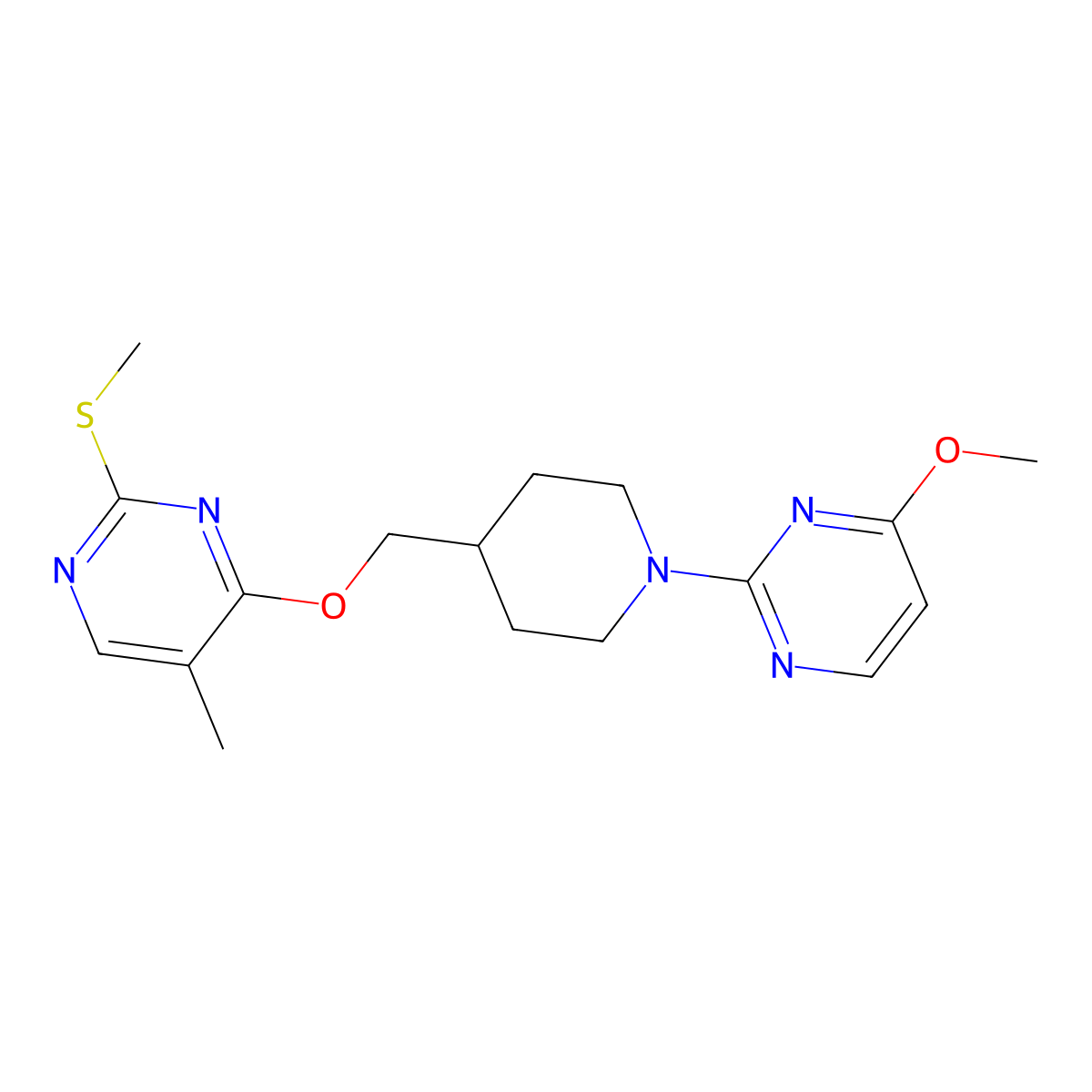 4-Methoxy-2-[4-({[5-methyl-2-(methylsulfanyl)pyrimidin-4-yl]oxy}methyl)piperidin-1-yl]pyrimidine molecular structure, CAS 2640895-71-0