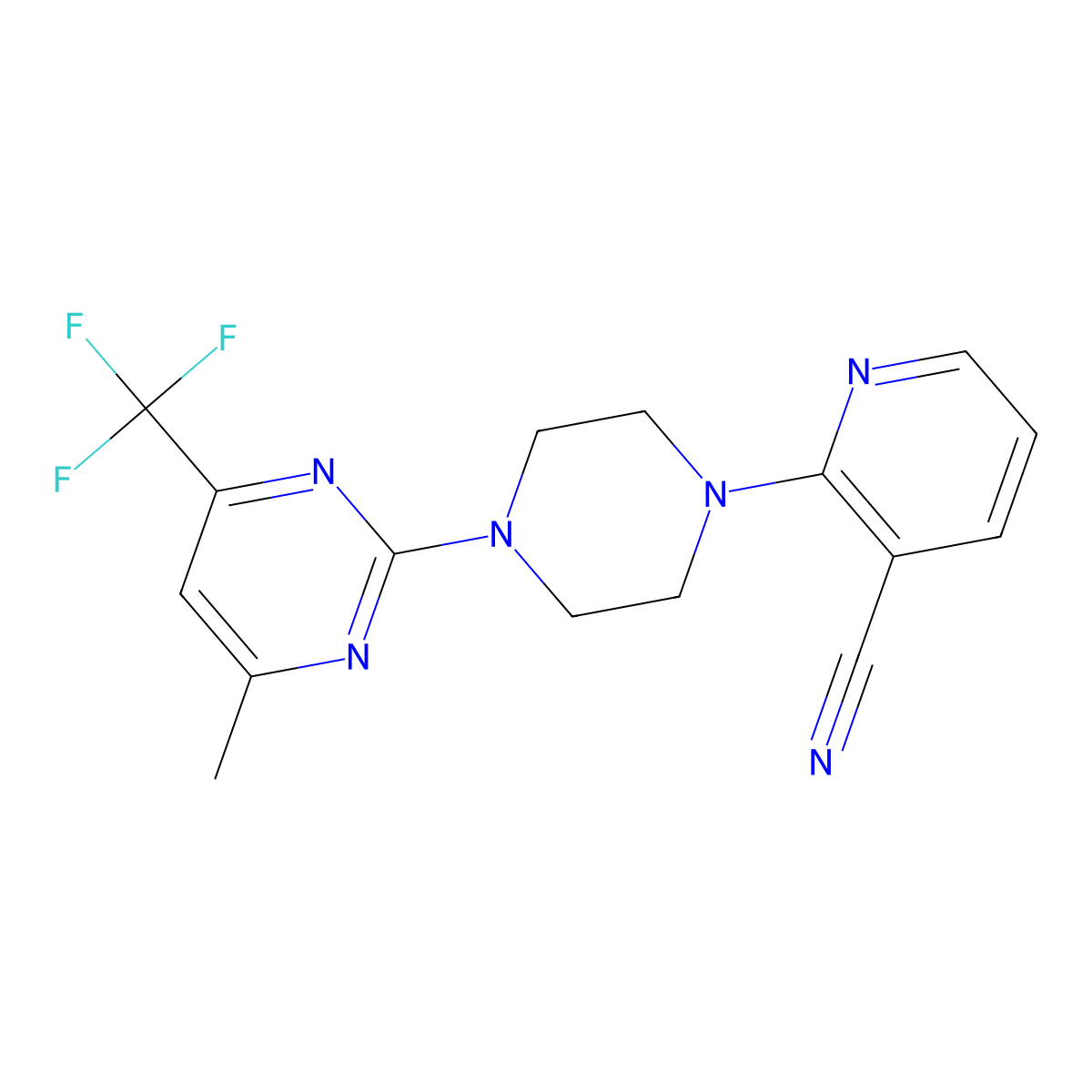 2-{4-[4-Methyl-6-(trifluoromethyl)pyrimidin-2-yl]piperazin-1-yl}pyridine-3-carbonitrile molecular structure, CAS 2640895-75-4