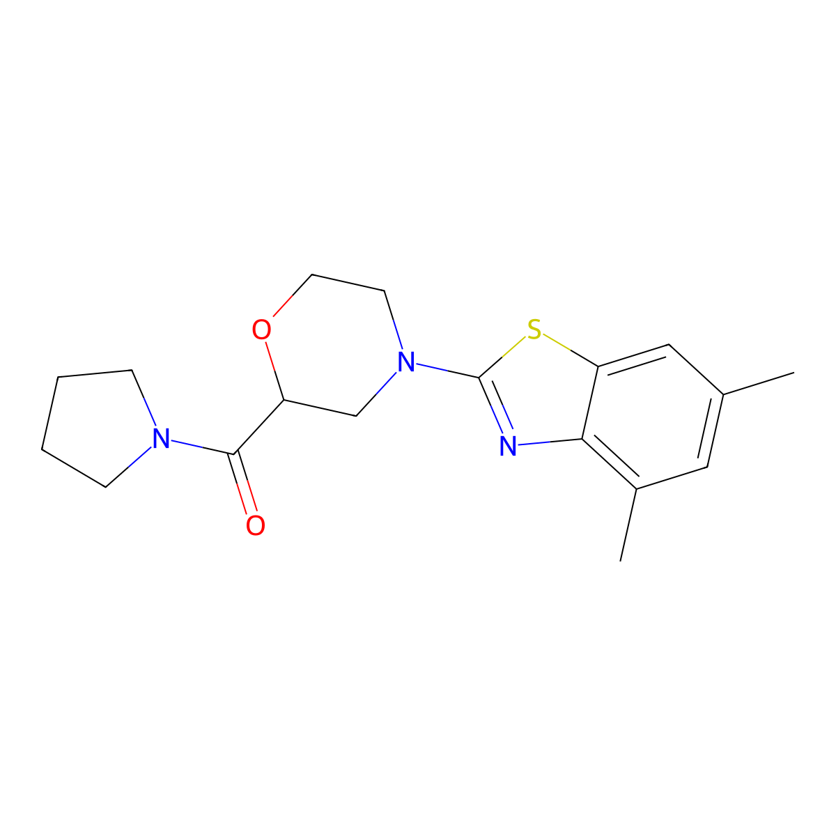 4,6-Dimethyl-2-[2-(pyrrolidine-1-carbonyl)morpholin-4-yl]-1,3-benzothiazole molecular structure, CAS 2640895-86-7