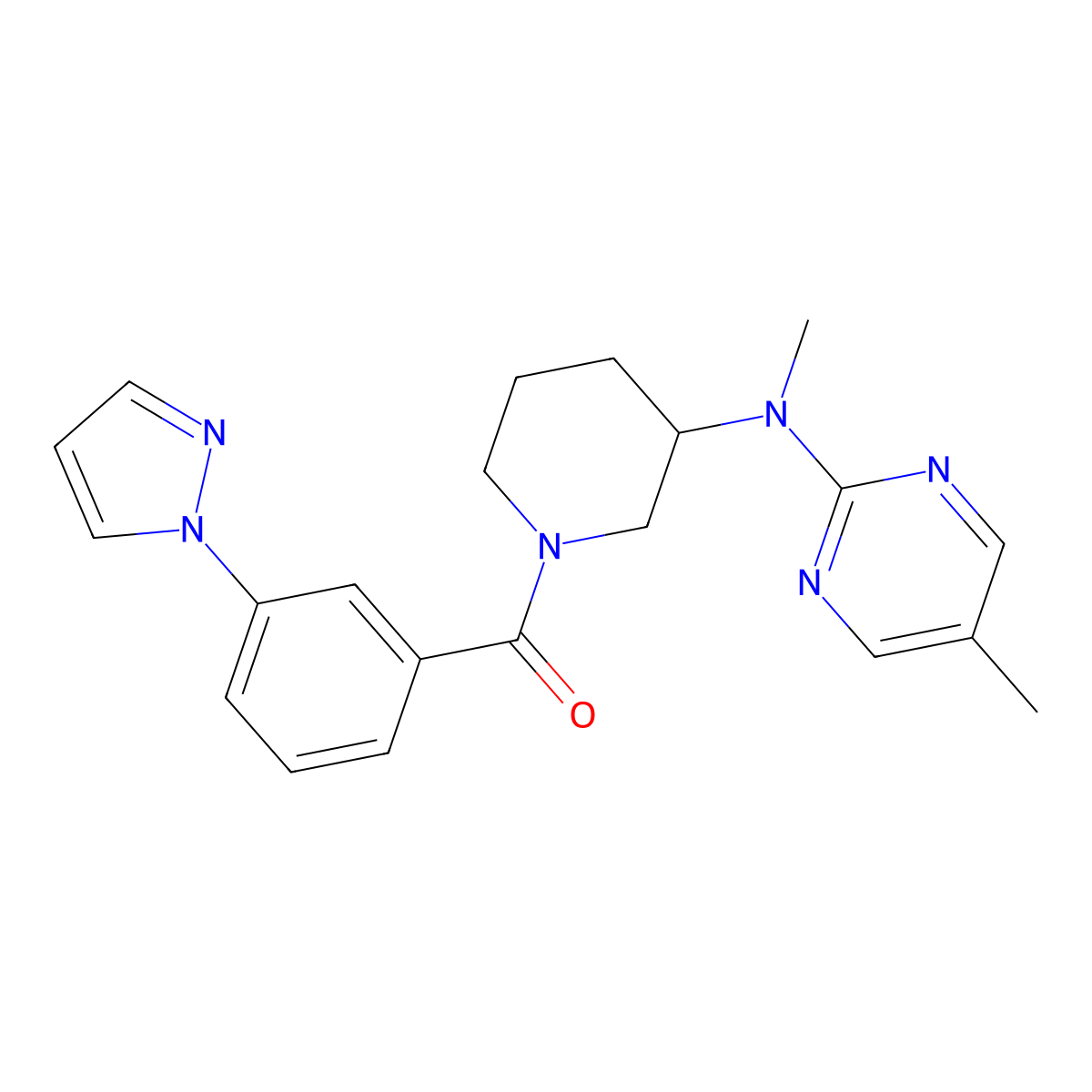 N,5-dimethyl-N-{1-[3-(1H-pyrazol-1-yl)benzoyl]piperidin-3-yl}pyrimidin-2-amine molecular structure, CAS 2640895-98-1