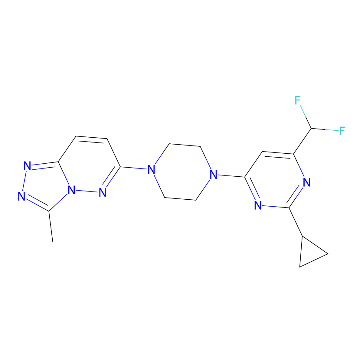 2-Cyclopropyl-4-(difluoromethyl)-6-(4-{3-methyl-[1,2,4]triazolo[4,3-b]pyridazin-6-yl}piperazin-1-yl)pyrimidine molecular structure, CAS 2640895-99-2