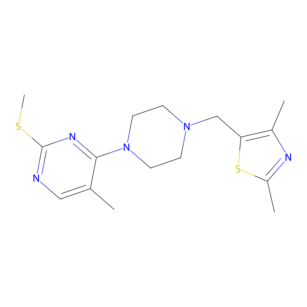 4-{4-[(2,4-Dimethyl-1,3-thiazol-5-yl)methyl]piperazin-1-yl}-5-methyl-2-(methylsulfanyl)pyrimidine molecular structure, CAS 2640896-04-2