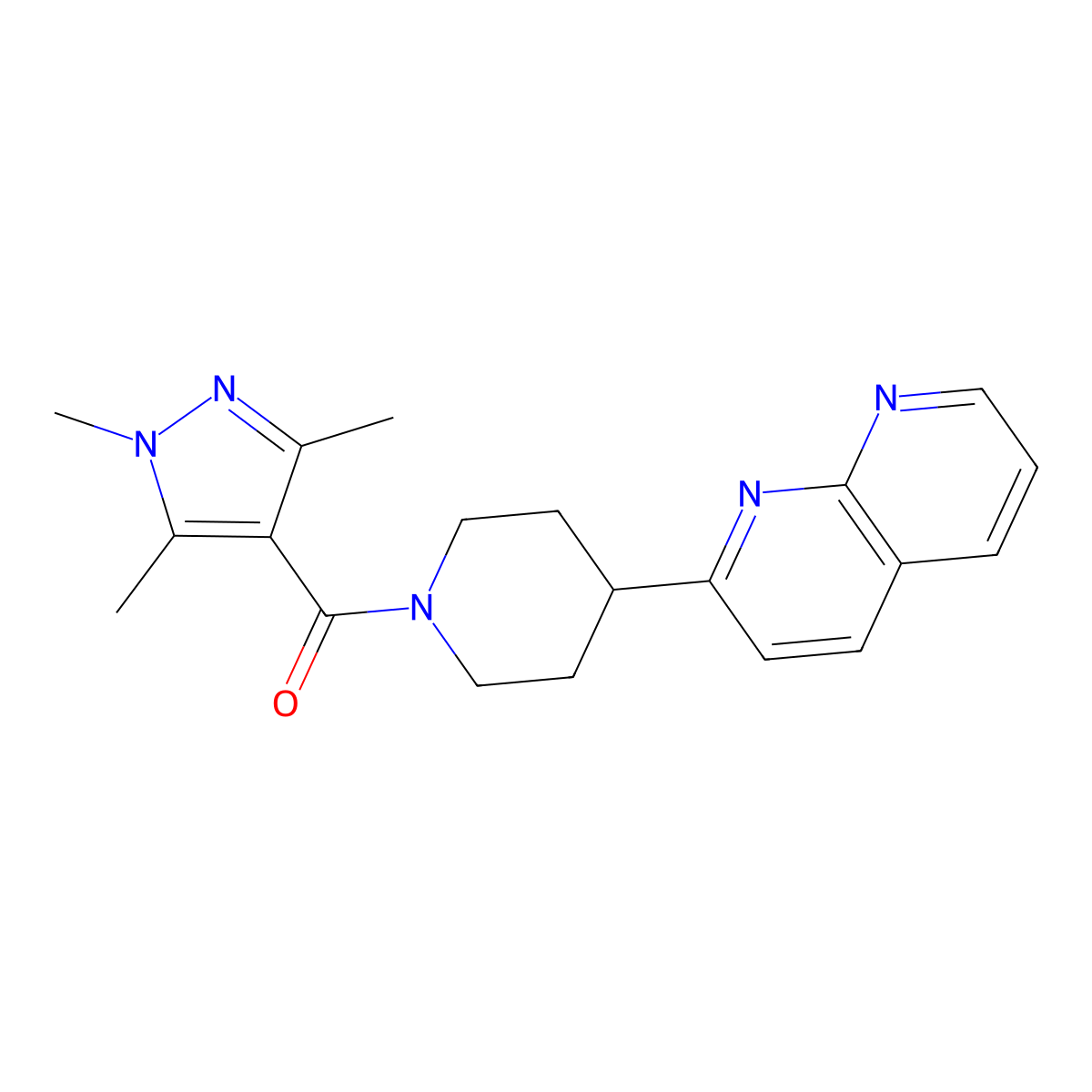 2-[1-(1,3,5-trimethyl-1H-pyrazole-4-carbonyl)piperidin-4-yl]-1,8-naphthyridine molecular structure, CAS 2640896-08-6