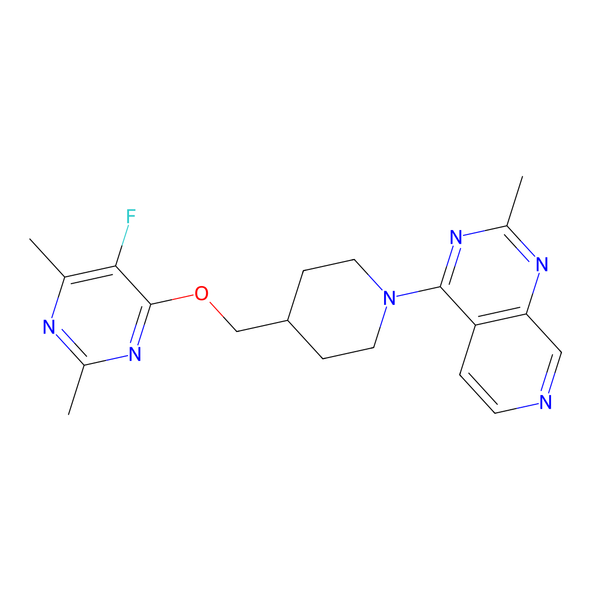 5-Fluoro-2,4-dimethyl-6-[(1-{2-methylpyrido[3,4-d]pyrimidin-4-yl}piperidin-4-yl)methoxy]pyrimidine molecular structure, CAS 2640896-11-1