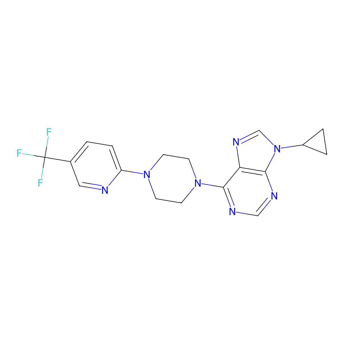 9-cyclopropyl-6-{4-[5-(trifluoromethyl)pyridin-2-yl]piperazin-1-yl}-9H-purine molecular structure, CAS 2640896-15-5