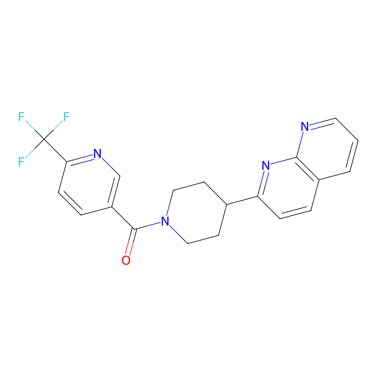 2-{1-[6-(Trifluoromethyl)pyridine-3-carbonyl]piperidin-4-yl}-1,8-naphthyridine molecular structure, CAS 2640896-16-6