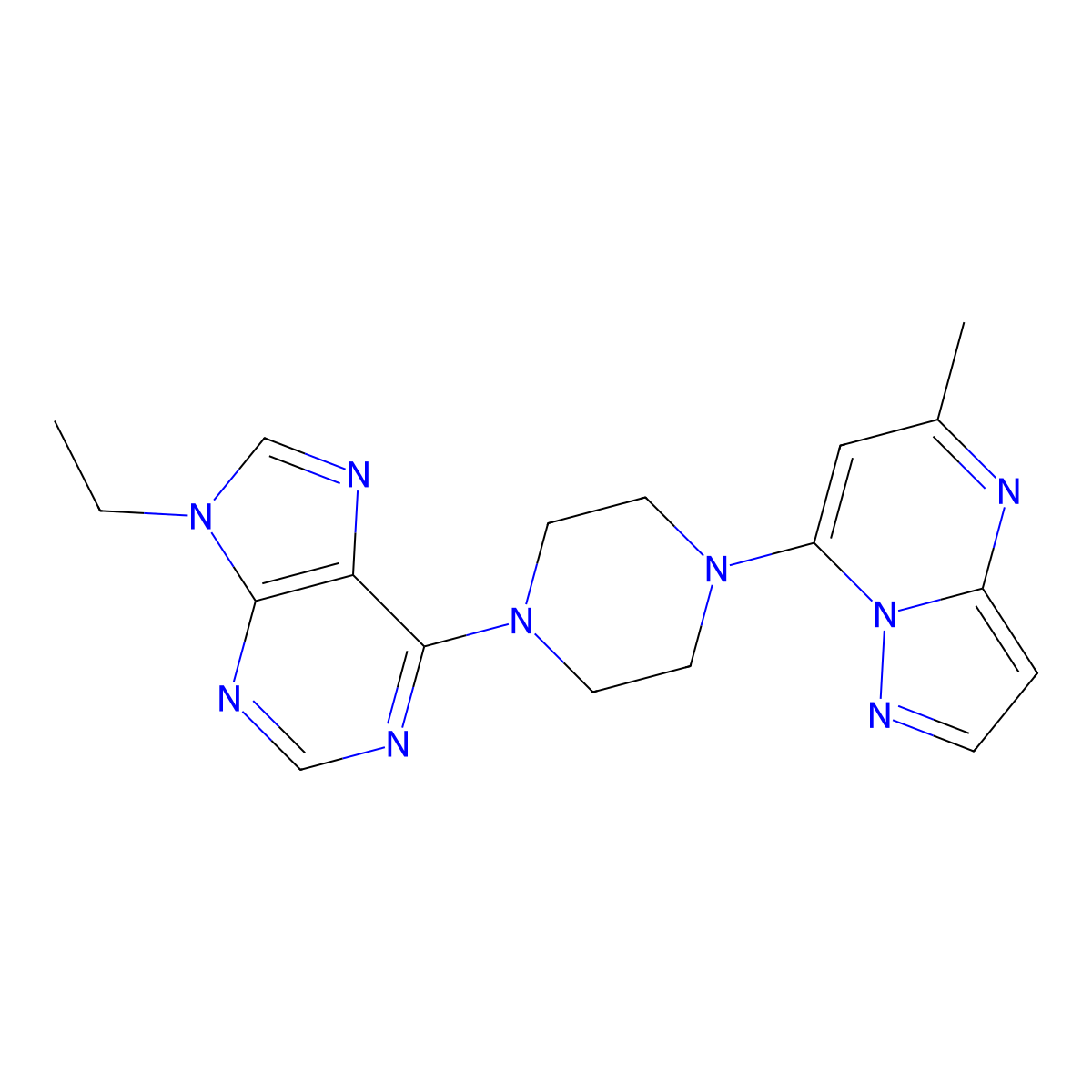 9-ethyl-6-(4-{5-methylpyrazolo[1,5-a]pyrimidin-7-yl}piperazin-1-yl)-9H-purine molecular structure, CAS 2640896-18-8