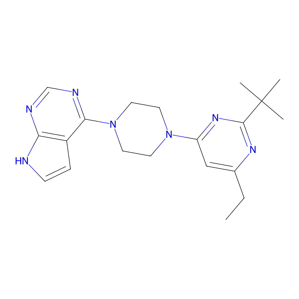 2-tert-butyl-4-ethyl-6-(4-{7H-pyrrolo[2,3-d]pyrimidin-4-yl}piperazin-1-yl)pyrimidine molecular structure, CAS 2640896-21-3