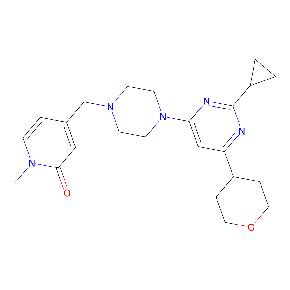 4-({4-[2-Cyclopropyl-6-(oxan-4-yl)pyrimidin-4-yl]piperazin-1-yl}methyl)-1-methyl-1,2-dihydropyridin-2-one molecular structure, CAS 2640896-25-7