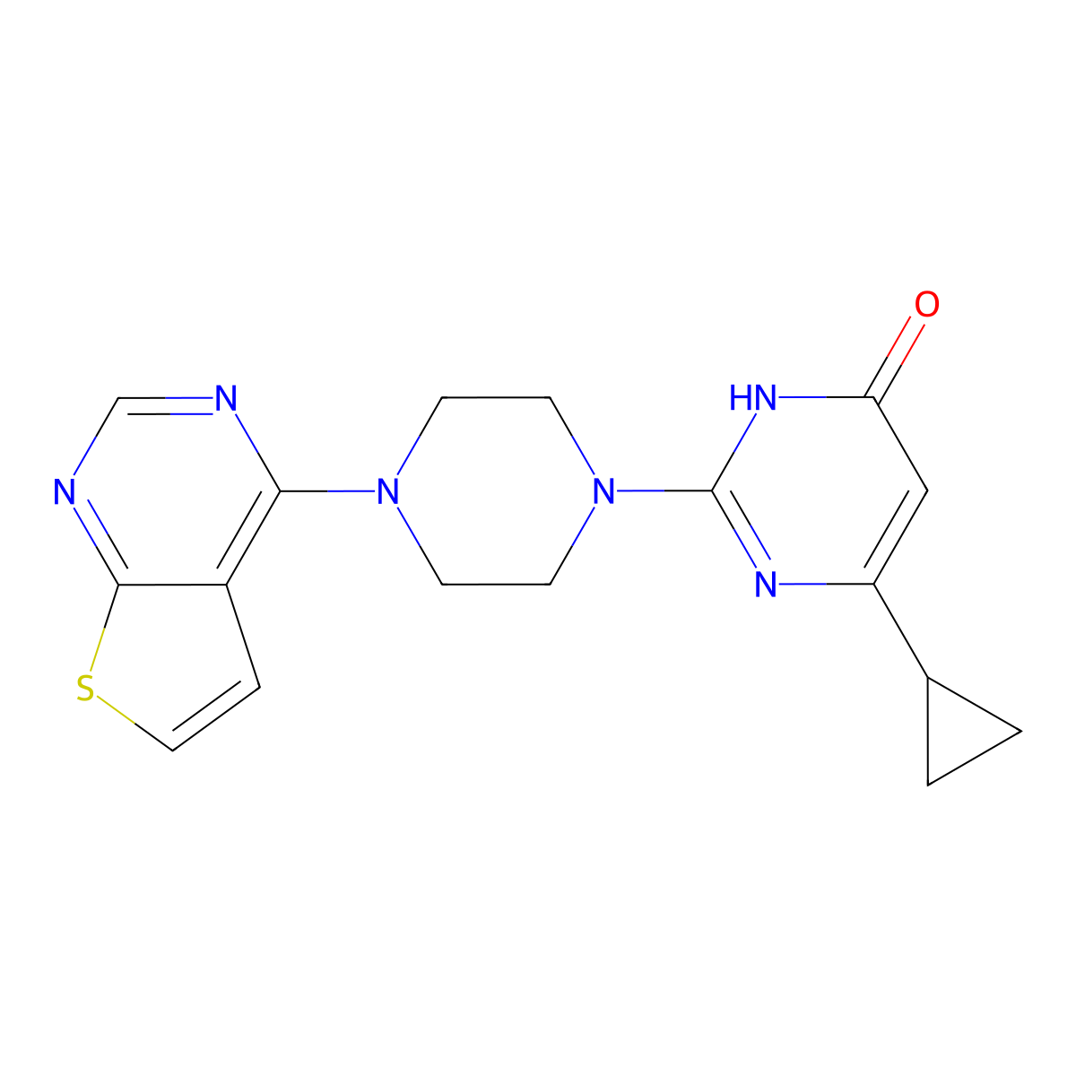 6-Cyclopropyl-2-(4-{thieno[2,3-d]pyrimidin-4-yl}piperazin-1-yl)-3,4-dihydropyrimidin-4-one molecular structure, CAS 2640896-29-1