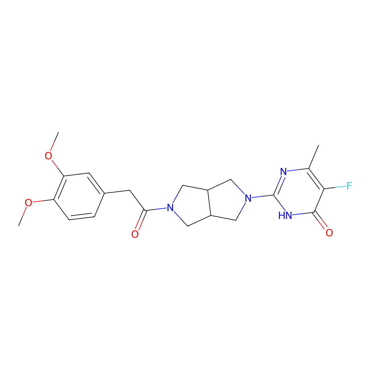 2-{5-[2-(3,4-Dimethoxyphenyl)acetyl]-octahydropyrrolo[3,4-c]pyrrol-2-yl}-5-fluoro-6-methyl-3,4-dihydropyrimidin-4-one molecular structure, CAS 2640896-32-6