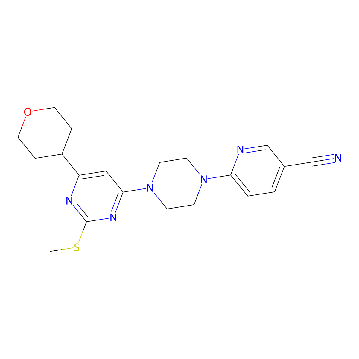6-{4-[2-(Methylsulfanyl)-6-(oxan-4-yl)pyrimidin-4-yl]piperazin-1-yl}pyridine-3-carbonitrile molecular structure, CAS 2640896-34-8