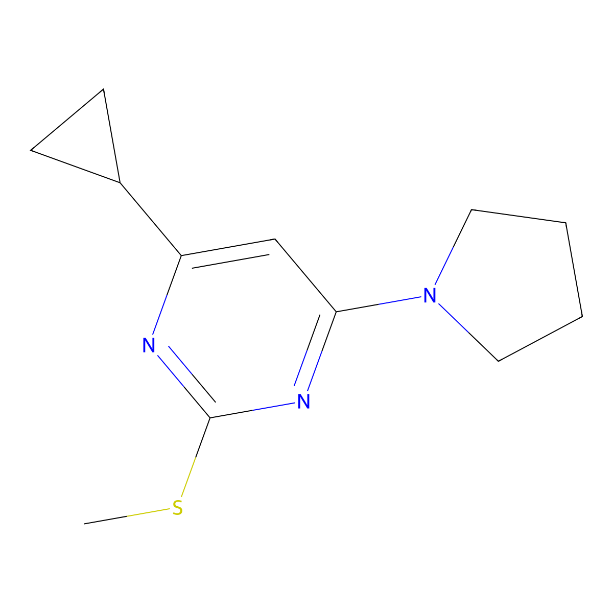 4-Cyclopropyl-2-(methylsulfanyl)-6-(pyrrolidin-1-yl)pyrimidine molecular structure, CAS 2640896-39-3