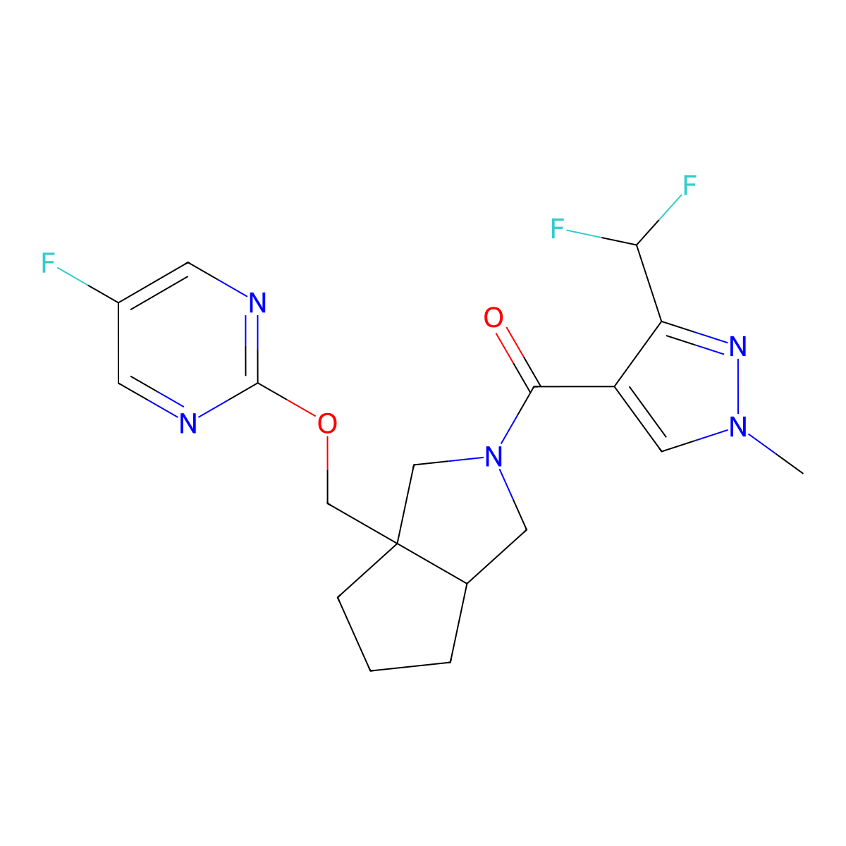 2-({2-[3-(difluoromethyl)-1-methyl-1H-pyrazole-4-carbonyl]-octahydrocyclopenta[c]pyrrol-3a-yl}methoxy)-5-fluoropyrimidine molecular structure, CAS 2640896-40-6