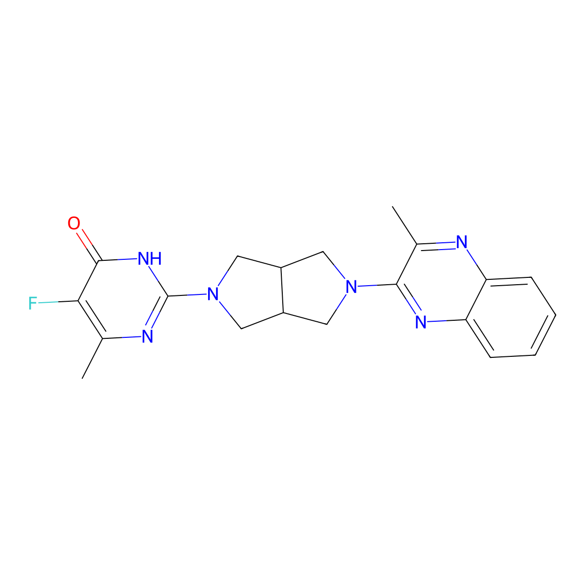 5-Fluoro-6-methyl-2-[5-(3-methylquinoxalin-2-yl)-octahydropyrrolo[3,4-c]pyrrol-2-yl]-3,4-dihydropyrimidin-4-one molecular structure, CAS 2640896-42-8