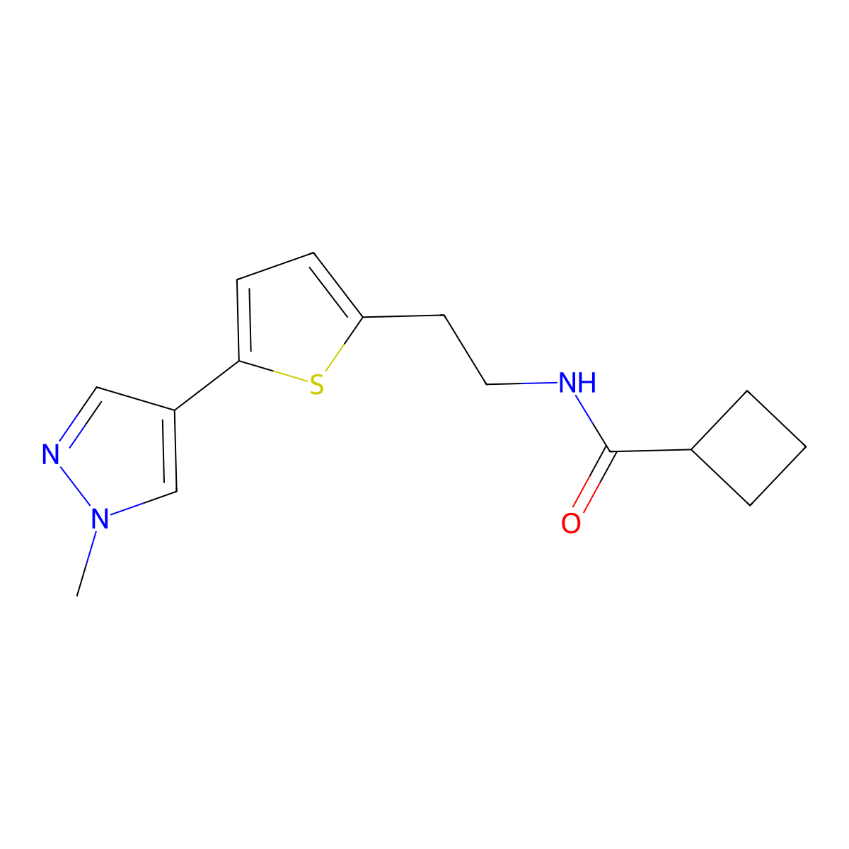 N-{2-[5-(1-methyl-1H-pyrazol-4-yl)thiophen-2-yl]ethyl}cyclobutanecarboxamide molecular structure, CAS 2640896-44-0