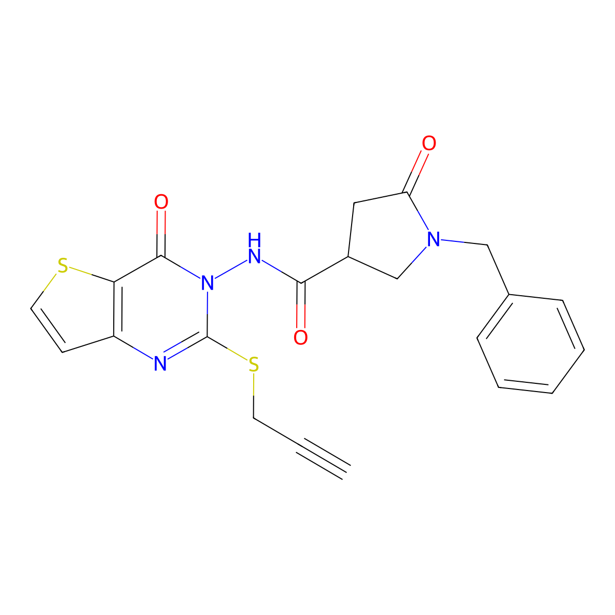 1-benzyl-5-oxo-N-[4-oxo-2-(prop-2-yn-1-ylsulfanyl)-3H,4H-thieno[3,2-d]pyrimidin-3-yl]pyrrolidine-3-carboxamide molecular structure, CAS 2640896-49-5
