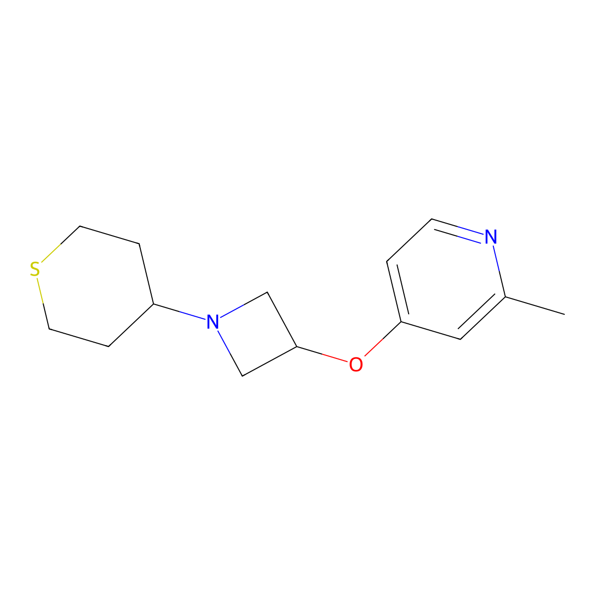 2-Methyl-4-{[1-(thian-4-yl)azetidin-3-yl]oxy}pyridine molecular structure, CAS 2640896-50-8