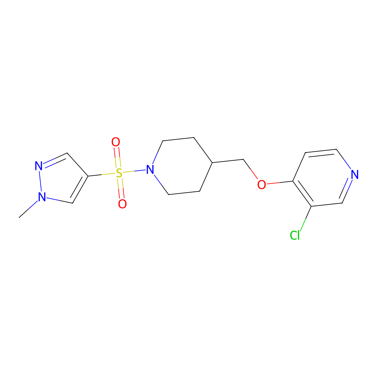 3-chloro-4-({1-[(1-methyl-1H-pyrazol-4-yl)sulfonyl]piperidin-4-yl}methoxy)pyridine molecular structure, CAS 2640896-54-2