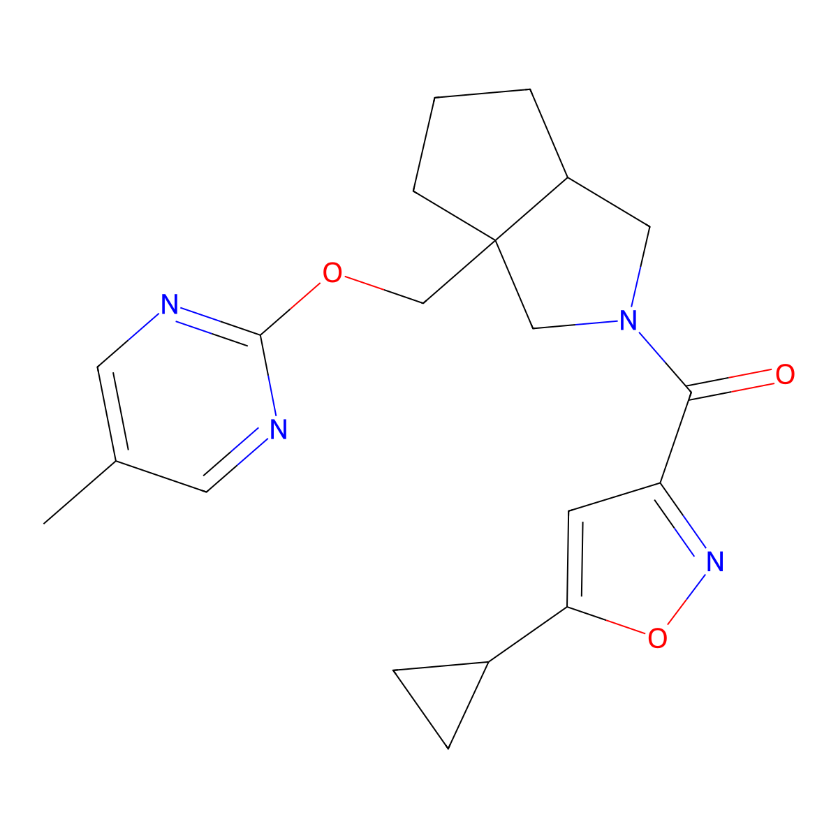 2-{[2-(5-Cyclopropyl-1,2-oxazole-3-carbonyl)-octahydrocyclopenta[c]pyrrol-3a-yl]methoxy}-5-methylpyrimidine molecular structure, CAS 2640896-56-4