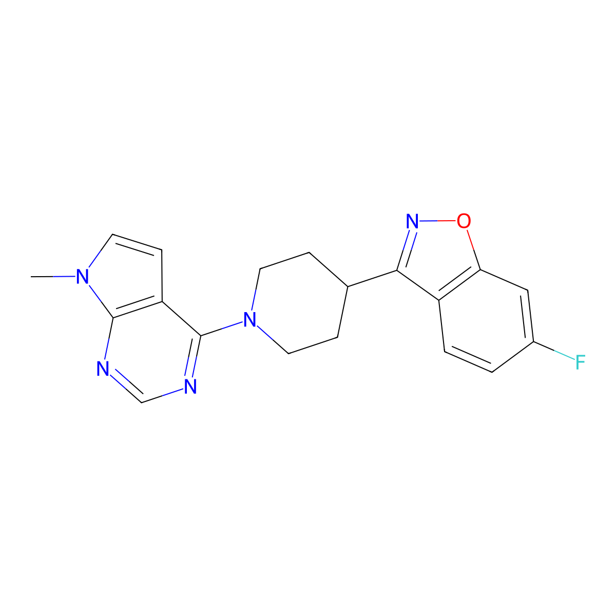6-fluoro-3-(1-{7-methyl-7H-pyrrolo[2,3-d]pyrimidin-4-yl}piperidin-4-yl)-1,2-benzoxazole molecular structure, CAS 2640896-59-7
