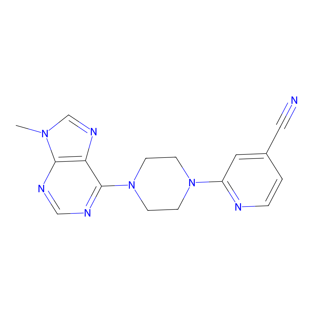 2-[4-(9-methyl-9H-purin-6-yl)piperazin-1-yl]pyridine-4-carbonitrile molecular structure, CAS 2640896-62-2