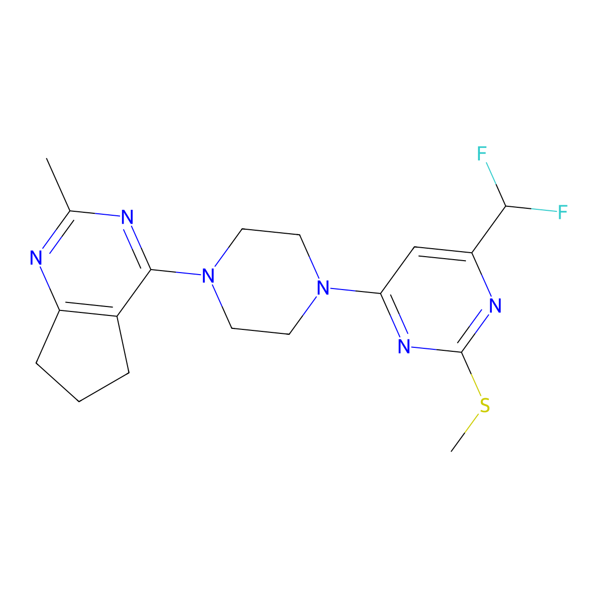 4-(difluoromethyl)-6-(4-{2-methyl-5H,6H,7H-cyclopenta[d]pyrimidin-4-yl}piperazin-1-yl)-2-(methylsulfanyl)pyrimidine molecular structure, CAS 2640896-65-5