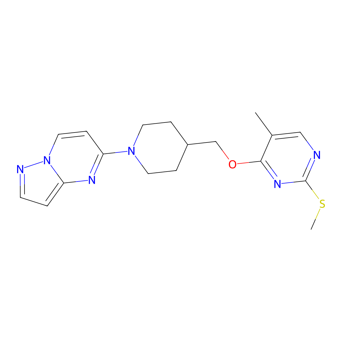 5-Methyl-2-(methylsulfanyl)-4-[(1-{pyrazolo[1,5-a]pyrimidin-5-yl}piperidin-4-yl)methoxy]pyrimidine molecular structure, CAS 2640896-66-6