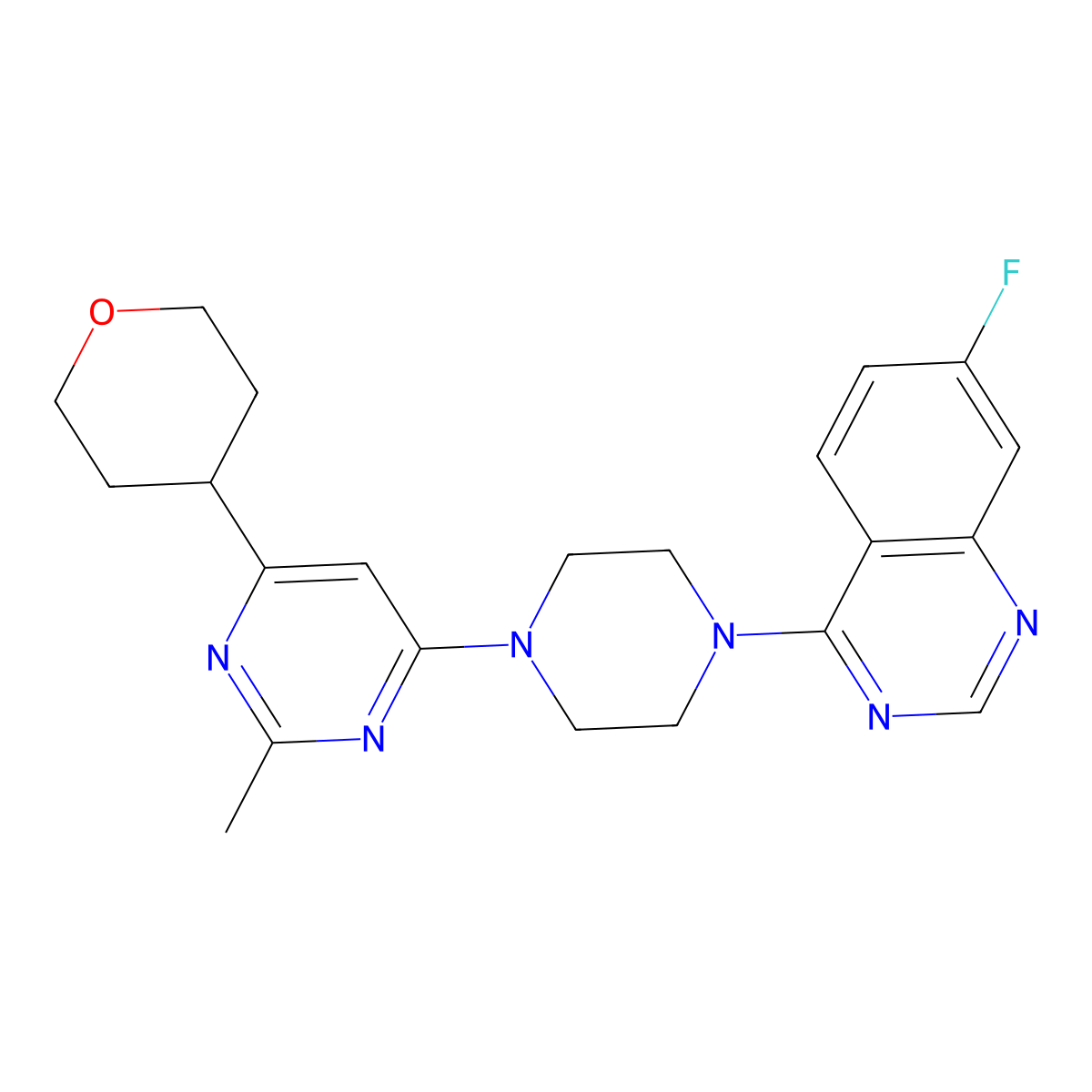 7-Fluoro-4-{4-[2-methyl-6-(oxan-4-yl)pyrimidin-4-yl]piperazin-1-yl}quinazoline molecular structure, CAS 2640896-67-7