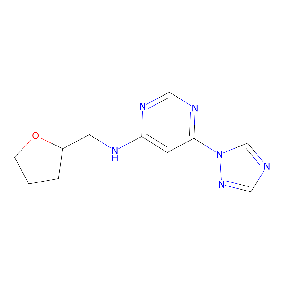 N-[(oxolan-2-yl)methyl]-6-(1H-1,2,4-triazol-1-yl)pyrimidin-4-amine molecular structure, CAS 2640896-74-6
