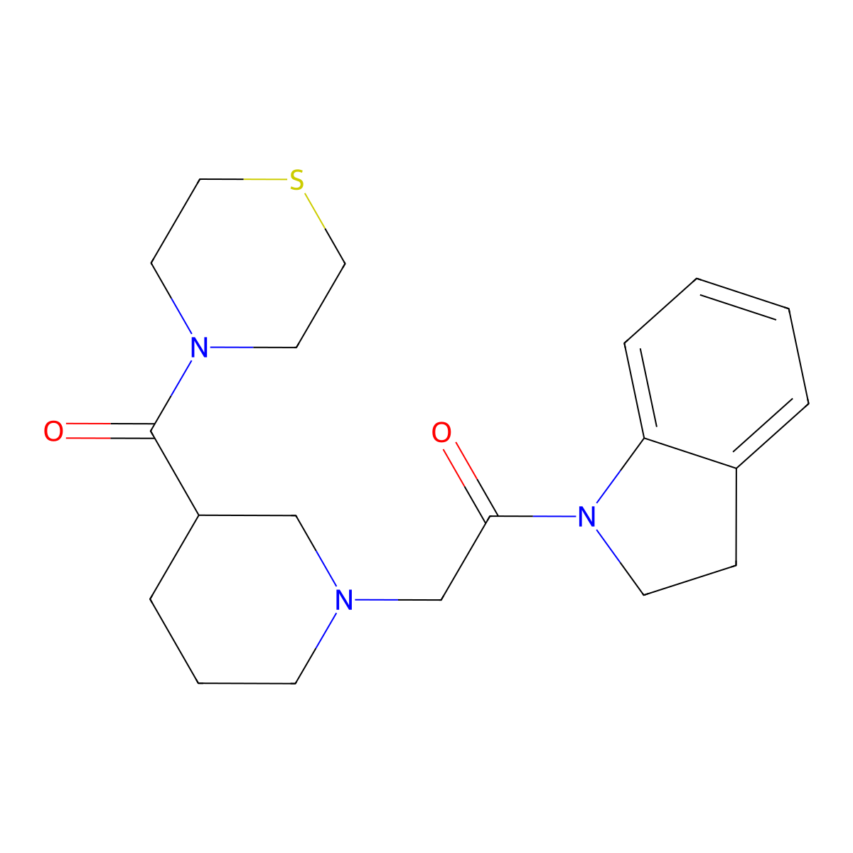 1-(2,3-dihydro-1H-indol-1-yl)-2-[3-(thiomorpholine-4-carbonyl)piperidin-1-yl]ethan-1-one molecular structure, CAS 2640896-82-6