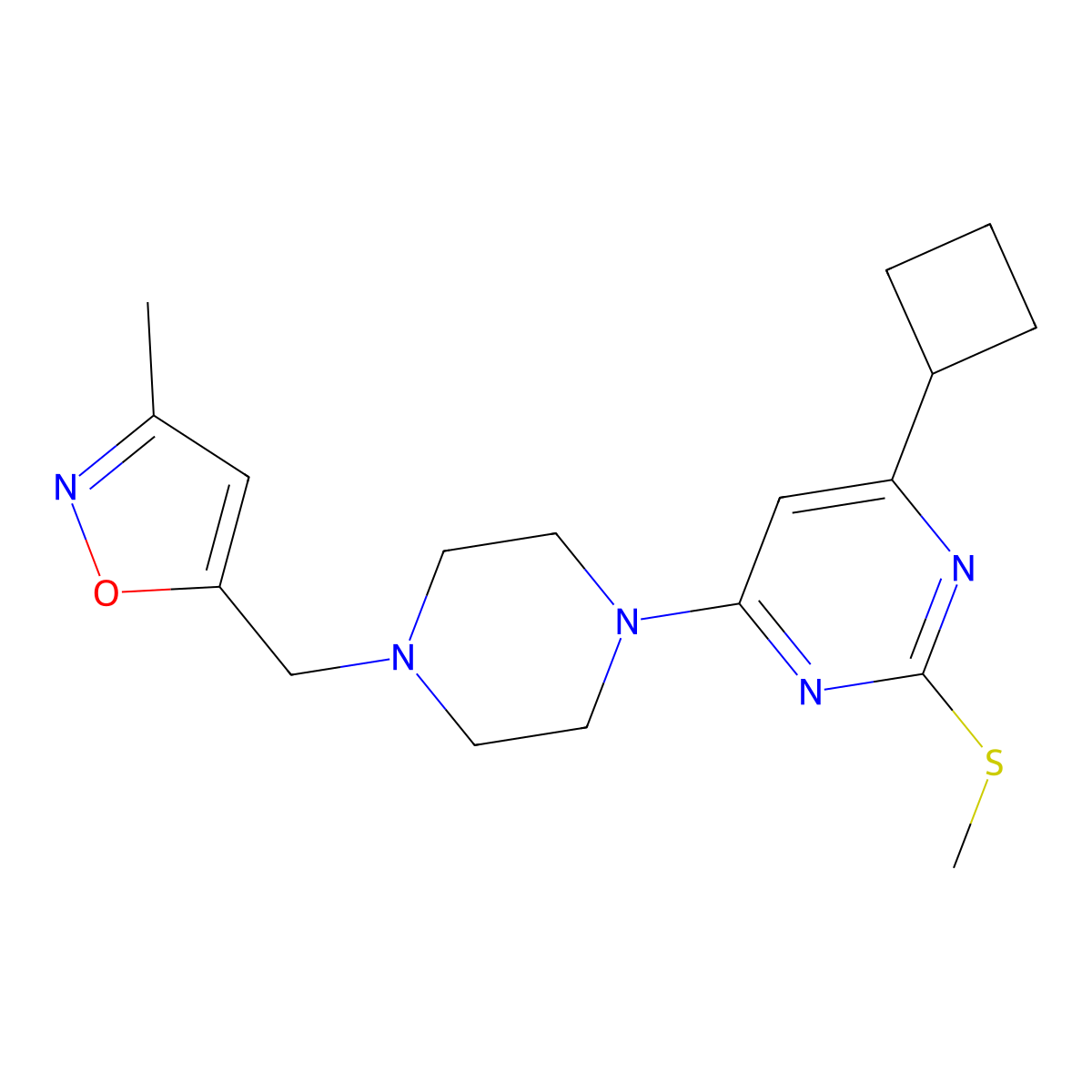4-Cyclobutyl-6-{4-[(3-methyl-1,2-oxazol-5-yl)methyl]piperazin-1-yl}-2-(methylsulfanyl)pyrimidine molecular structure, CAS 2640896-85-9