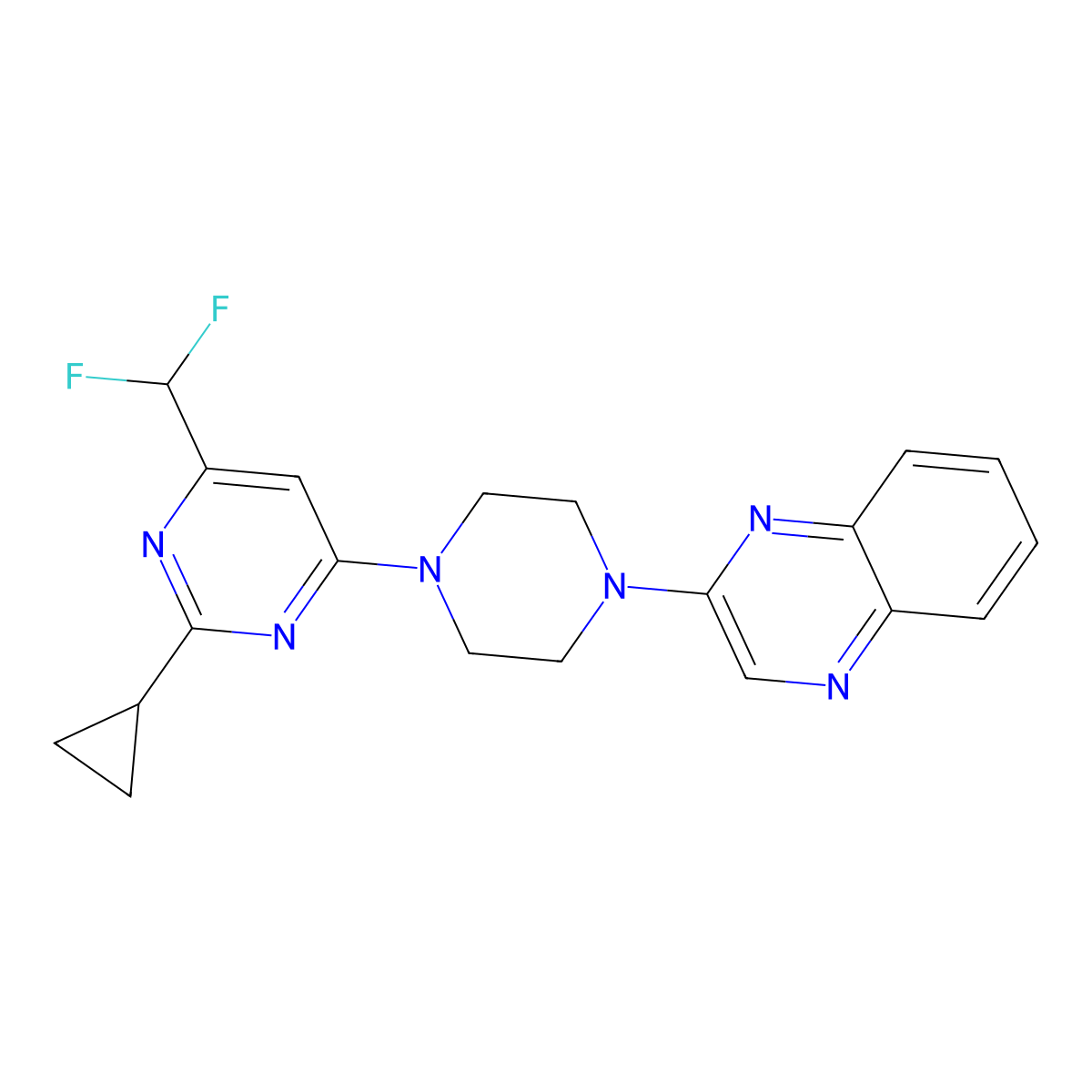 2-{4-[2-Cyclopropyl-6-(difluoromethyl)pyrimidin-4-yl]piperazin-1-yl}quinoxaline molecular structure, CAS 2640896-91-7
