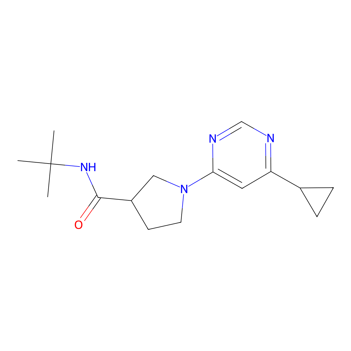 N-tert-butyl-1-(6-cyclopropylpyrimidin-4-yl)pyrrolidine-3-carboxamide molecular structure, CAS 2640896-94-0