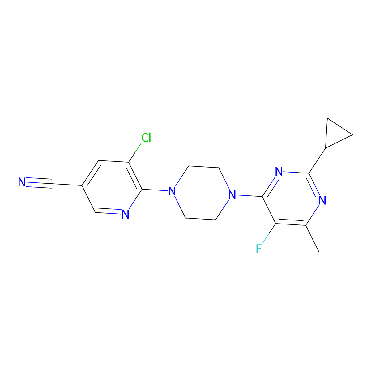 5-Chloro-6-[4-(2-cyclopropyl-5-fluoro-6-methylpyrimidin-4-yl)piperazin-1-yl]pyridine-3-carbonitrile molecular structure, CAS 2640896-96-2