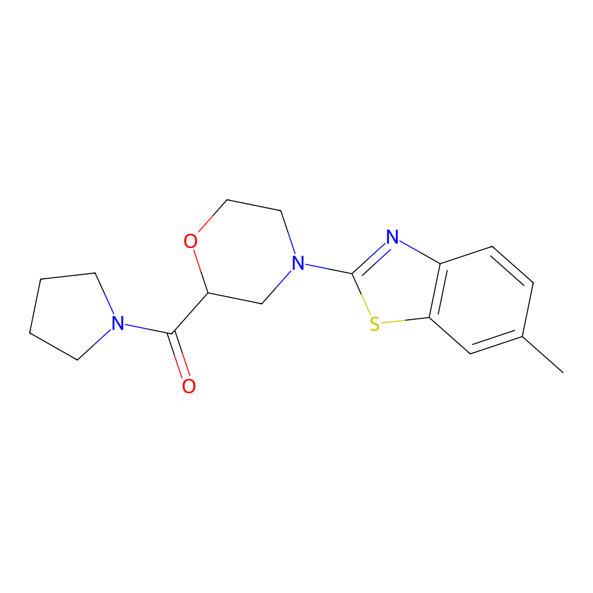 6-Methyl-2-[2-(pyrrolidine-1-carbonyl)morpholin-4-yl]-1,3-benzothiazole molecular structure, CAS 2640897-03-4