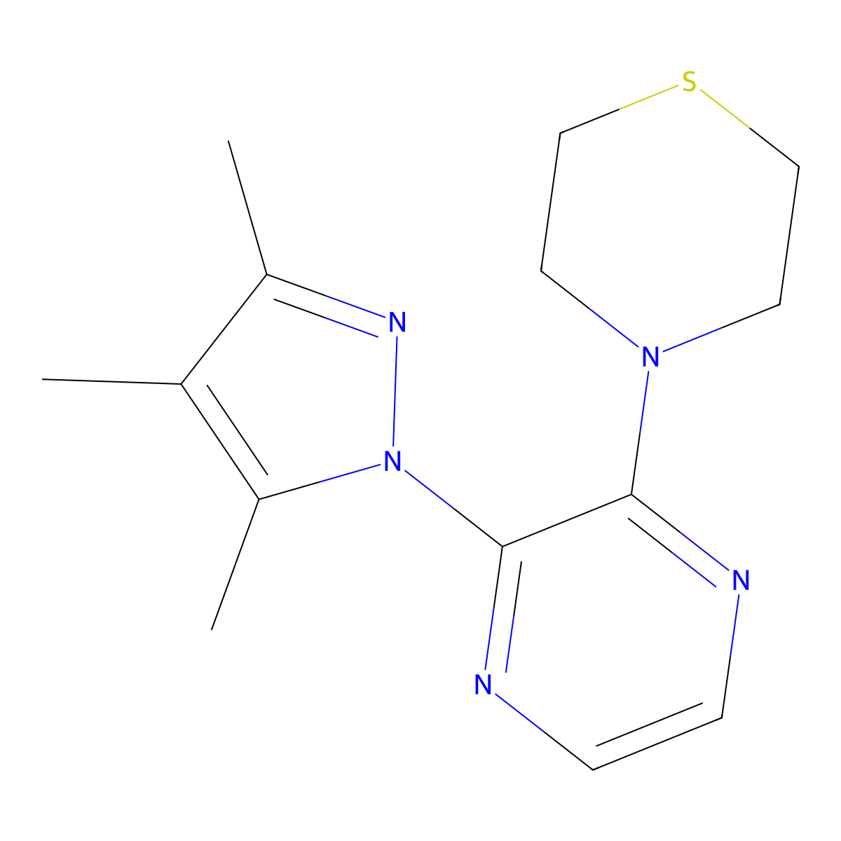 4-[3-(3,4,5-trimethyl-1H-pyrazol-1-yl)pyrazin-2-yl]thiomorpholine molecular structure, CAS 2640897-08-9