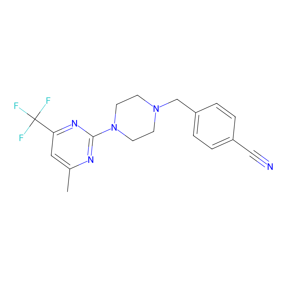4-({4-[4-Methyl-6-(trifluoromethyl)pyrimidin-2-yl]piperazin-1-yl}methyl)benzonitrile molecular structure, CAS 2640897-44-3